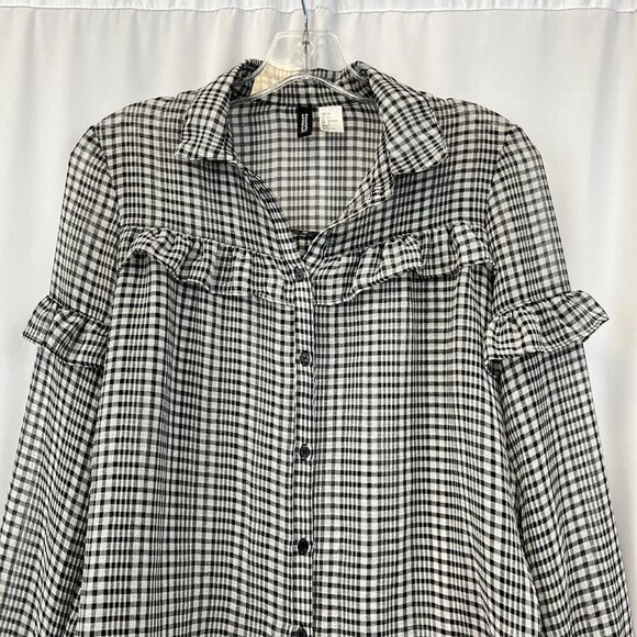 H&M Womens Long Sleeve Button Down Sheer Blouse Black/Gray Plaid Sz 4 Ruffles - Picture 2 of 9